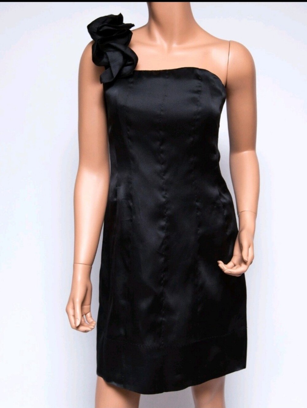 PHOEBE COUTURE Elegant Black One-Shoulder Silk Dress with Floral Accent Size 6